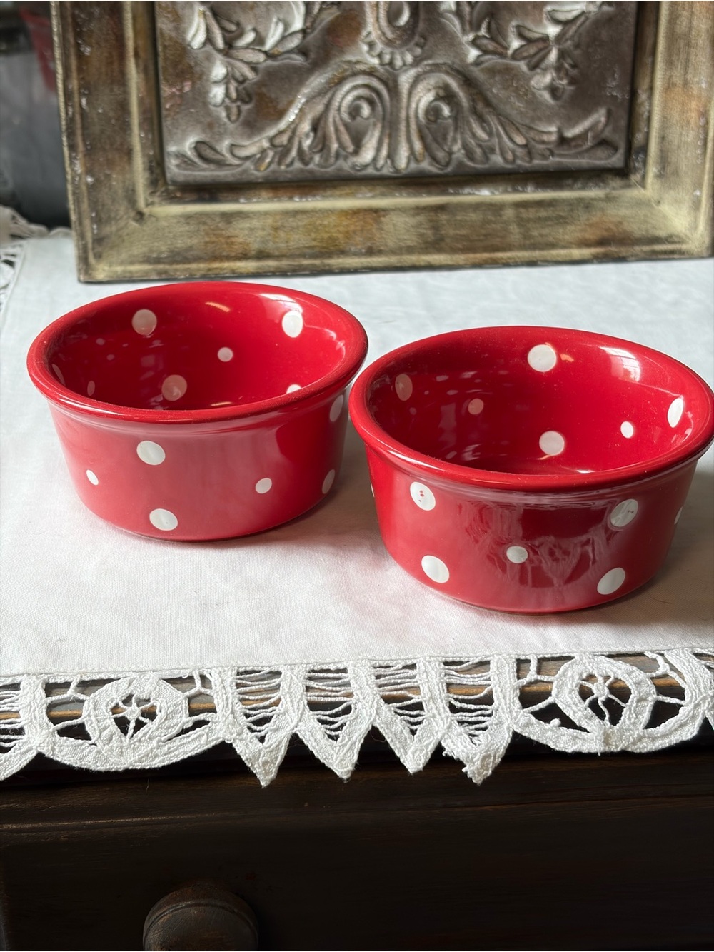 Temptations red & white polka dot 6 oz ramekins set of 2